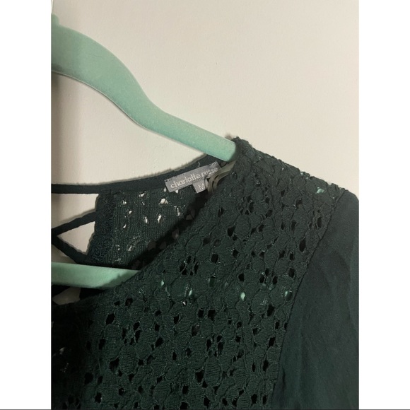 3/$30 Dark Green Crochet Yoke Lattice-Trim Blouse - Picture 3 of 4